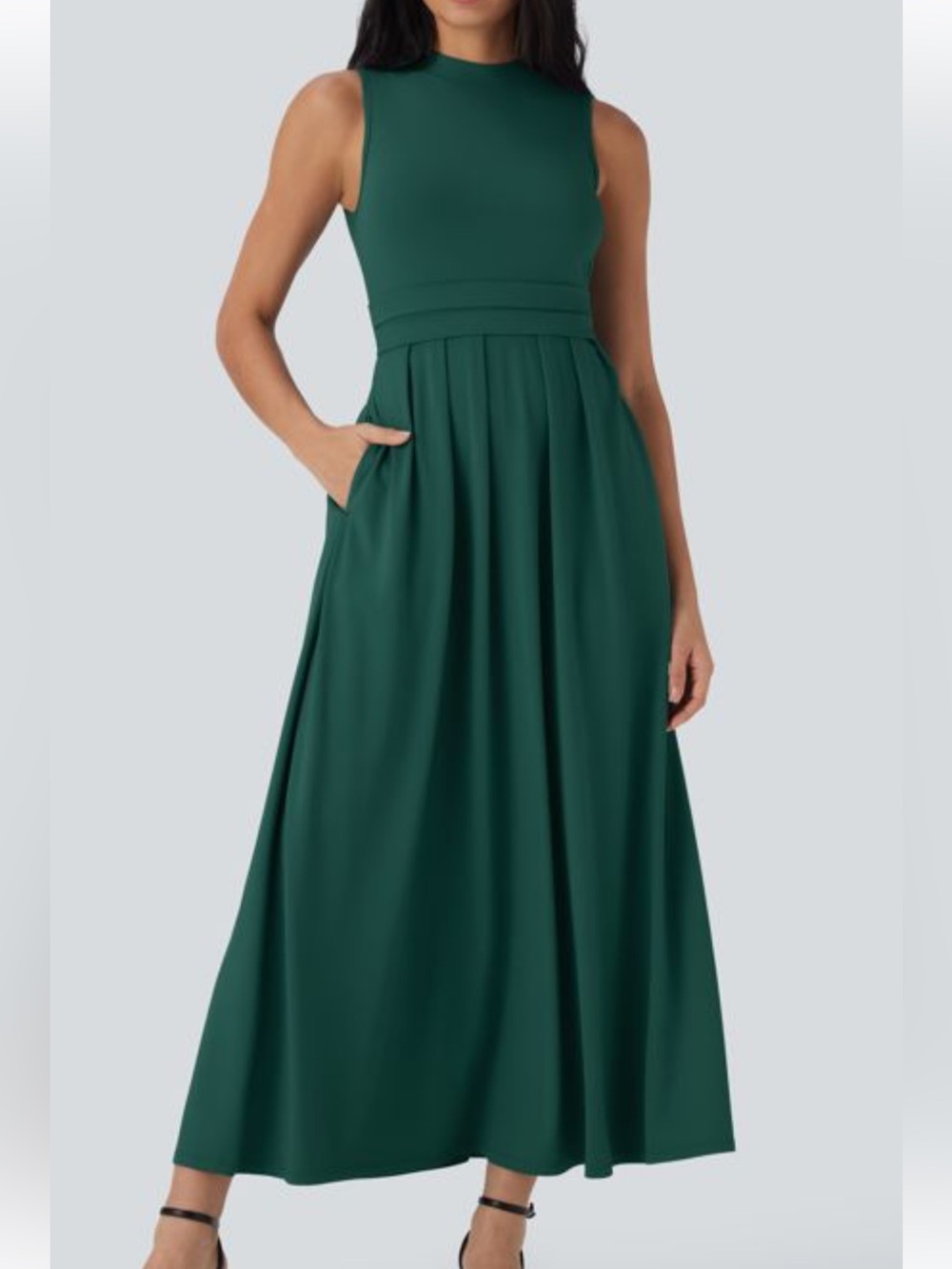 Halara Stand Collar Sleeveless Flare Maxi Casual Dress with Pockets XL Green
